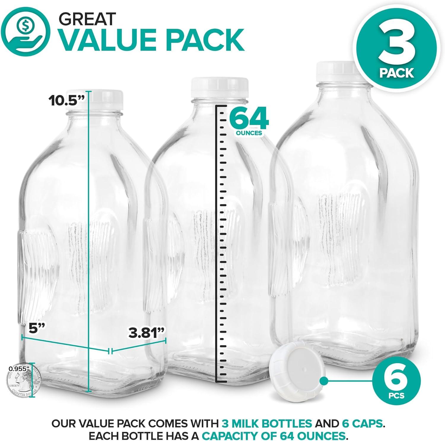 imageStock Your Home Half Gallon Glass Milk Bottle with Lid 3 Pack 64 Oz Jugs and 6 White Caps Reusable Food Grade Milk Container for Refrigerator Bottles for Juice Oat or Plant Milks Water Honey64 oz