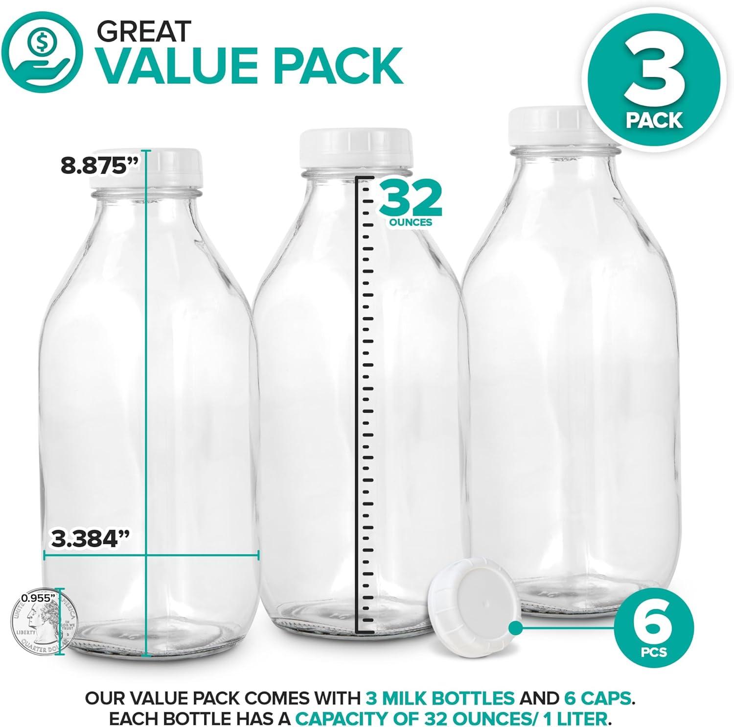 imageStock Your Home Half Gallon Glass Milk Bottle with Lid 3 Pack 64 Oz Jugs and 6 White Caps Reusable Food Grade Milk Container for Refrigerator Bottles for Juice Oat or Plant Milks Water Honey32 oz