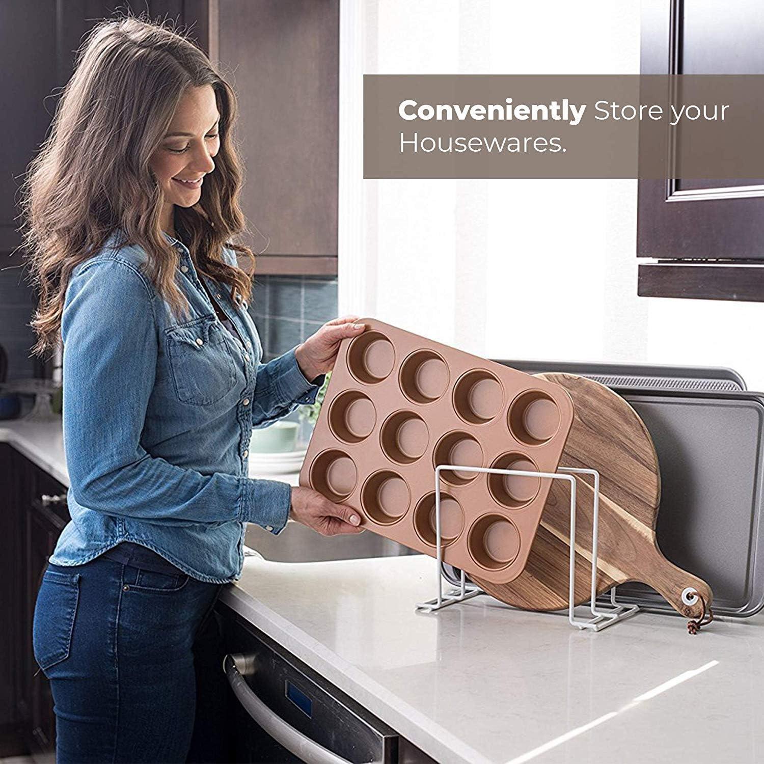 imageStock Your Home Kitchen Cabinet Organizer Bronze 2 Pack Steel Baking Sheet Holder with 4 Slots for Cabinet Bakeware Organizer Divider for Cutting Boards Pot Lids Pan Lids Cookie SheetsWhite