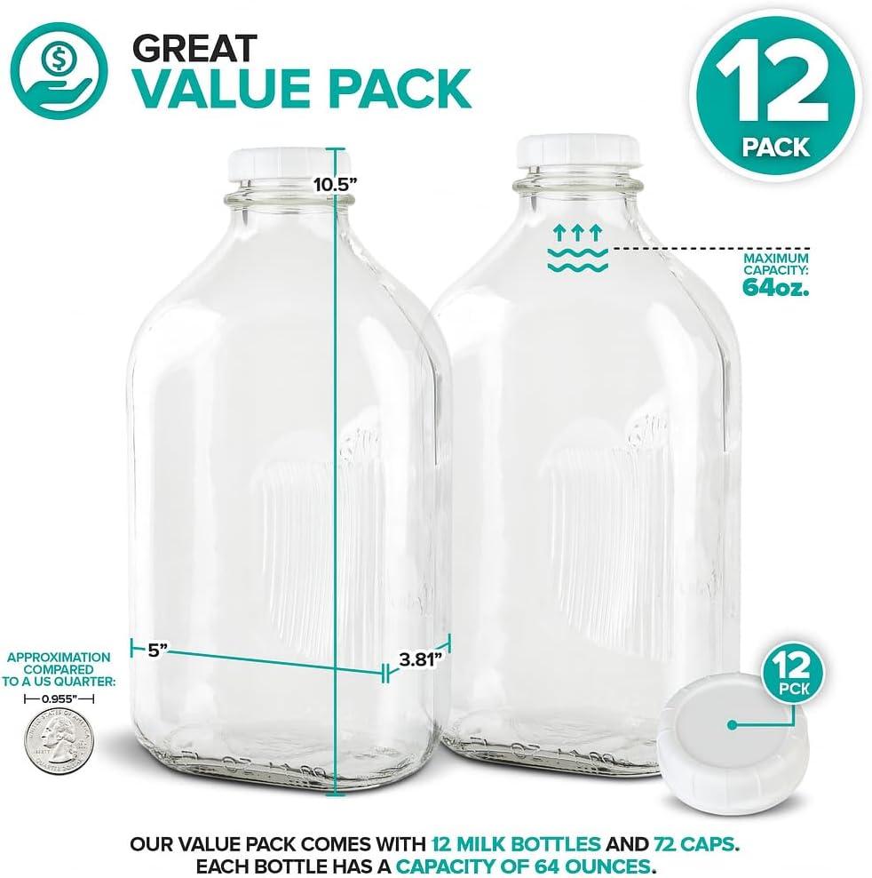 imageStock Your Home Liter Glass Milk Bottles 2 Pack 32Oz Milk Jars with Lids Food Grade Glass Bottles Dishwasher Safe Bottles for Milk Buttermilk Honey Maple Syrup Jam BBQ Sauce64oz 12 Pack