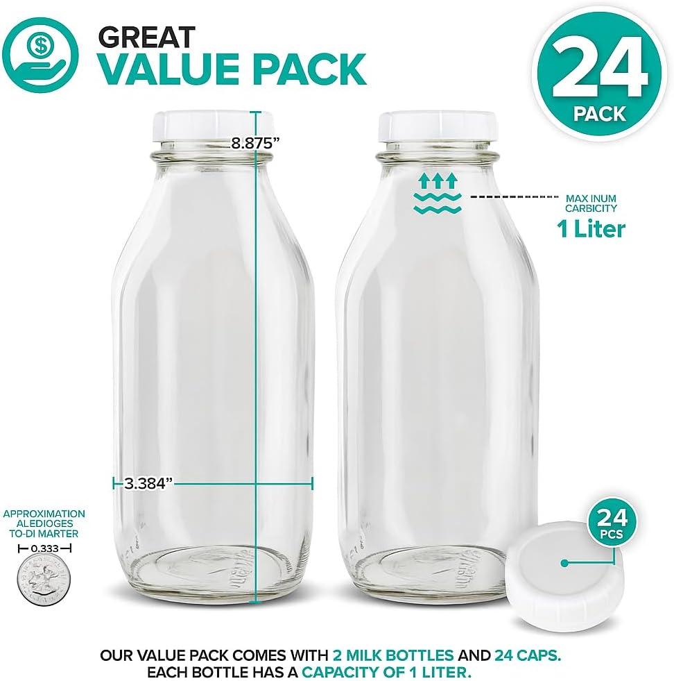 imageStock Your Home Liter Glass Milk Bottles 2 Pack 32Oz Milk Jars with Lids Food Grade Glass Bottles Dishwasher Safe Bottles for Milk Buttermilk Honey Maple Syrup Jam BBQ Sauce32oz 24 Pack