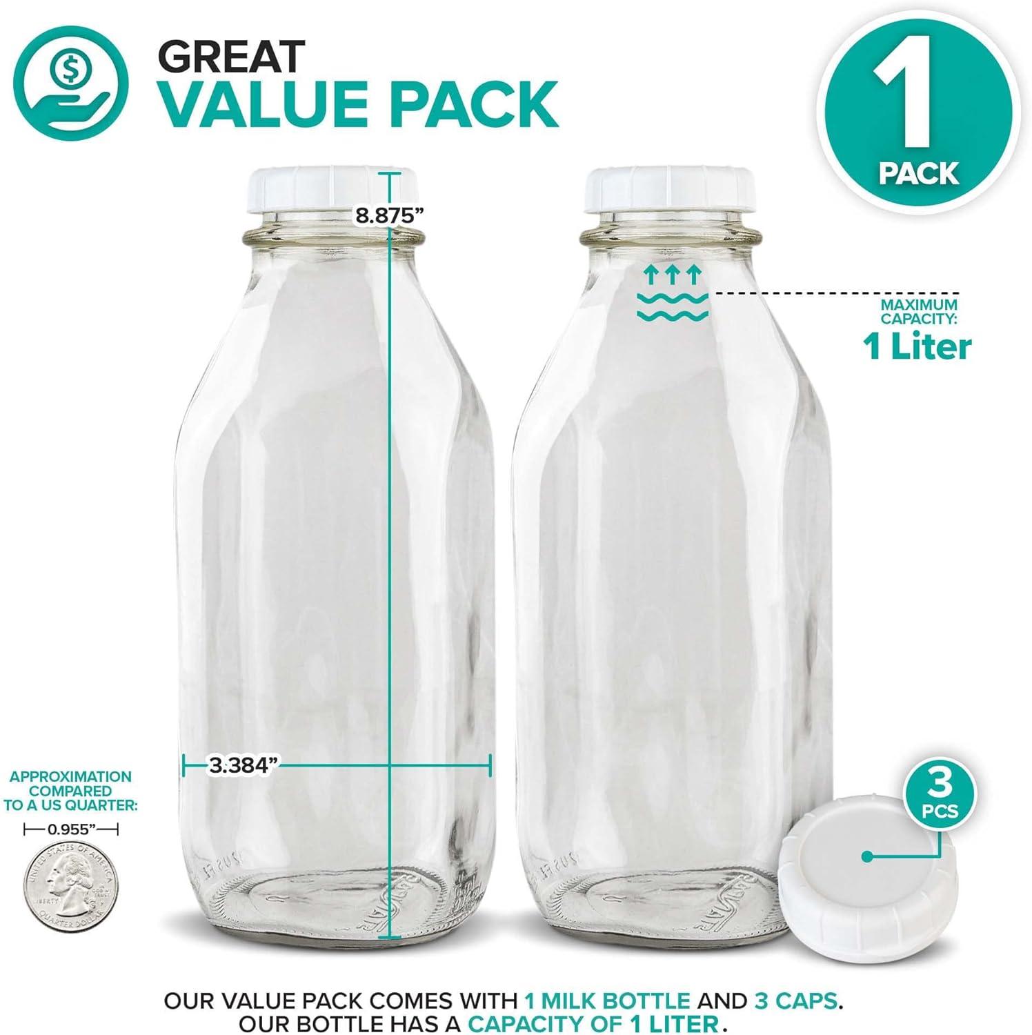 imageStock Your Home Liter Glass Milk Bottles 2 Pack 32Oz Milk Jars with Lids Food Grade Glass Bottles Dishwasher Safe Bottles for Milk Buttermilk Honey Maple Syrup Jam BBQ Sauce32oz 1 Pack
