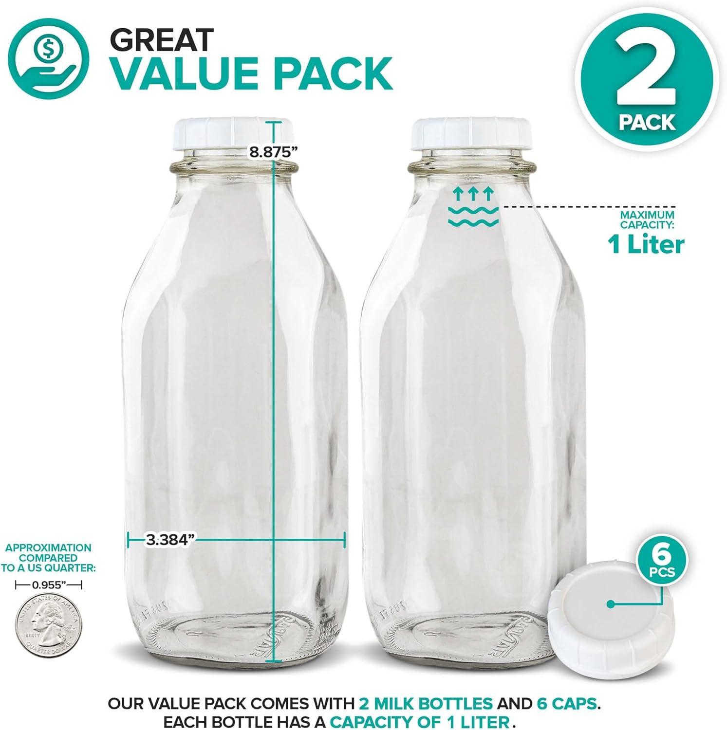 imageStock Your Home Liter Glass Milk Bottles 2 Pack 32Oz Milk Jars with Lids Food Grade Glass Bottles Dishwasher Safe Bottles for Milk Buttermilk Honey Maple Syrup Jam BBQ Sauce32oz 2 Pack