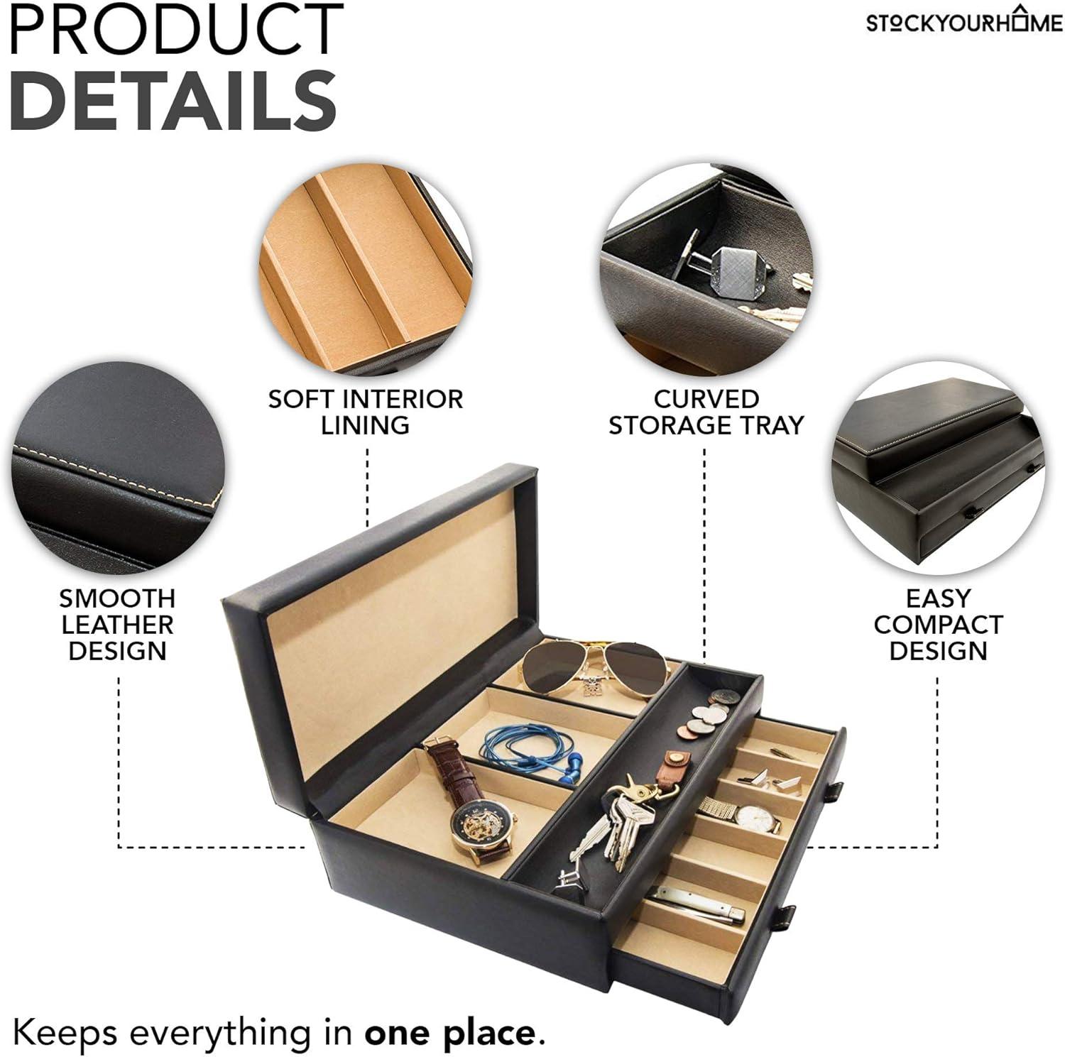 imageStock Your Home Mens Valet Tray Mens Jewelry Box Night Stand Organizers and Storage Bedside Table Organizer Watch Box for Dresser Faux Leather Black amp BeigeBlack Beige