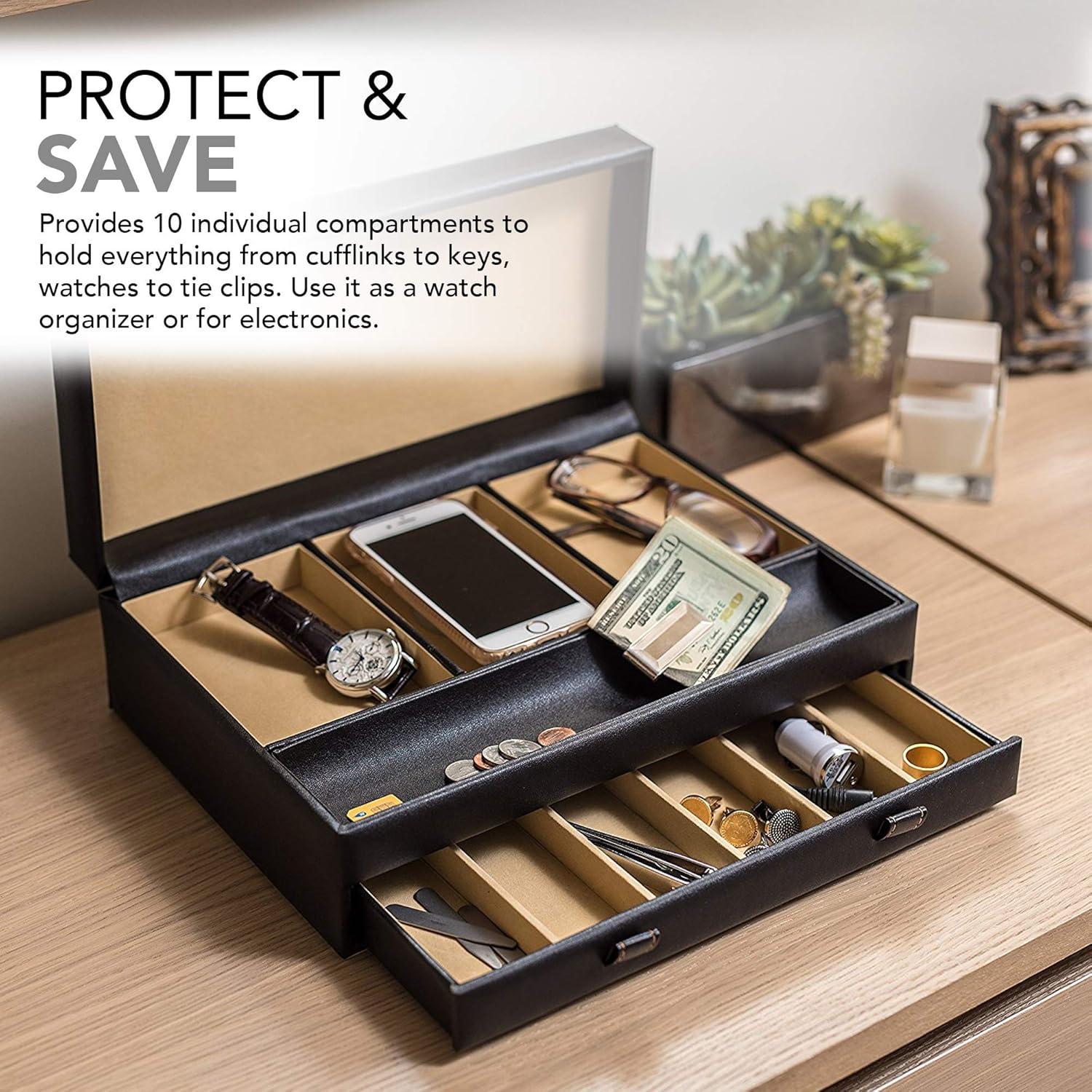 imageStock Your Home Mens Valet Tray Mens Jewelry Box Night Stand Organizers and Storage Bedside Table Organizer Watch Box for Dresser Faux Leather Black amp BeigeBlack Beige