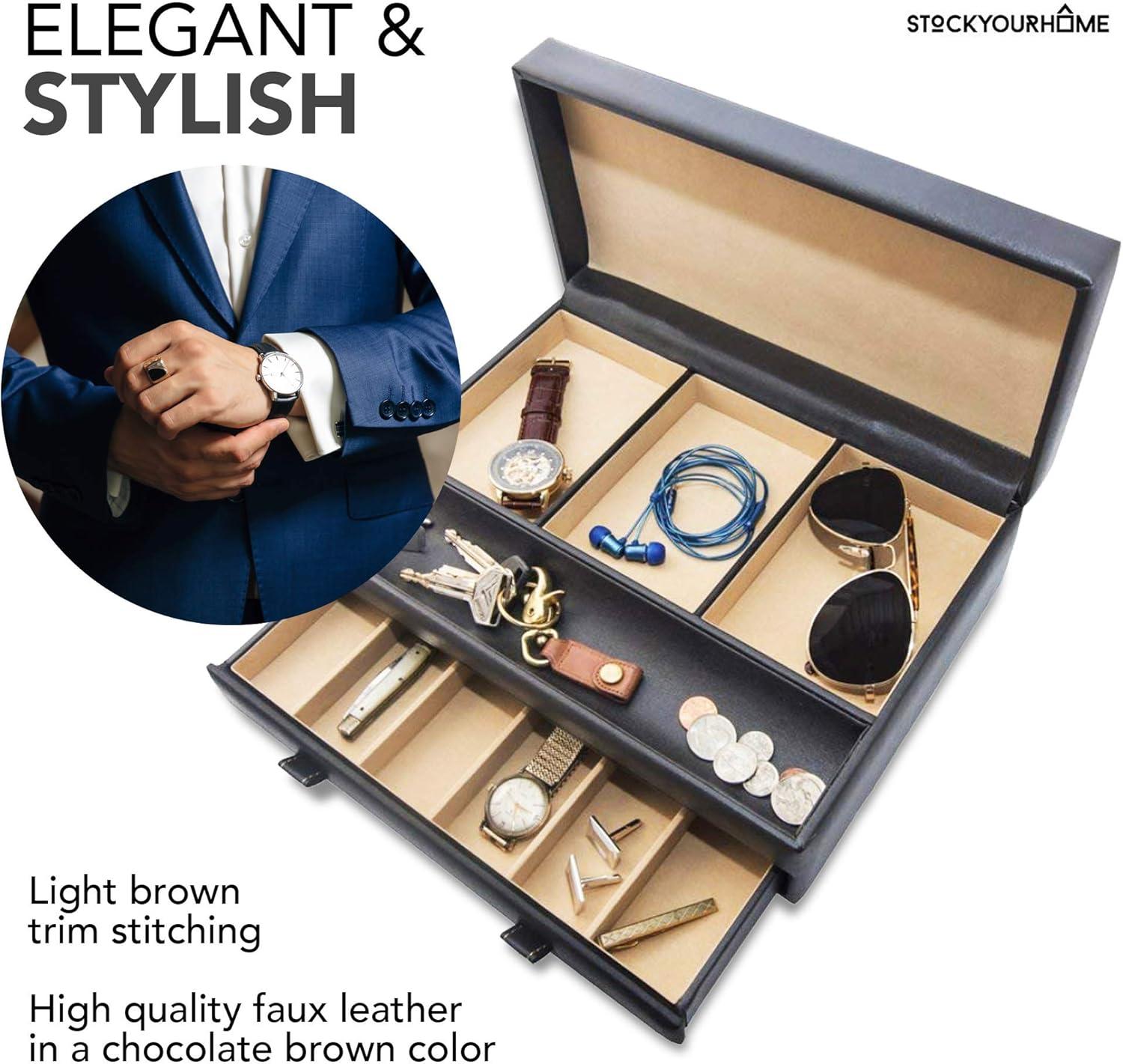 imageStock Your Home Mens Valet Tray Mens Jewelry Box Night Stand Organizers and Storage Bedside Table Organizer Watch Box for Dresser Faux Leather Black amp BeigeBlack Beige