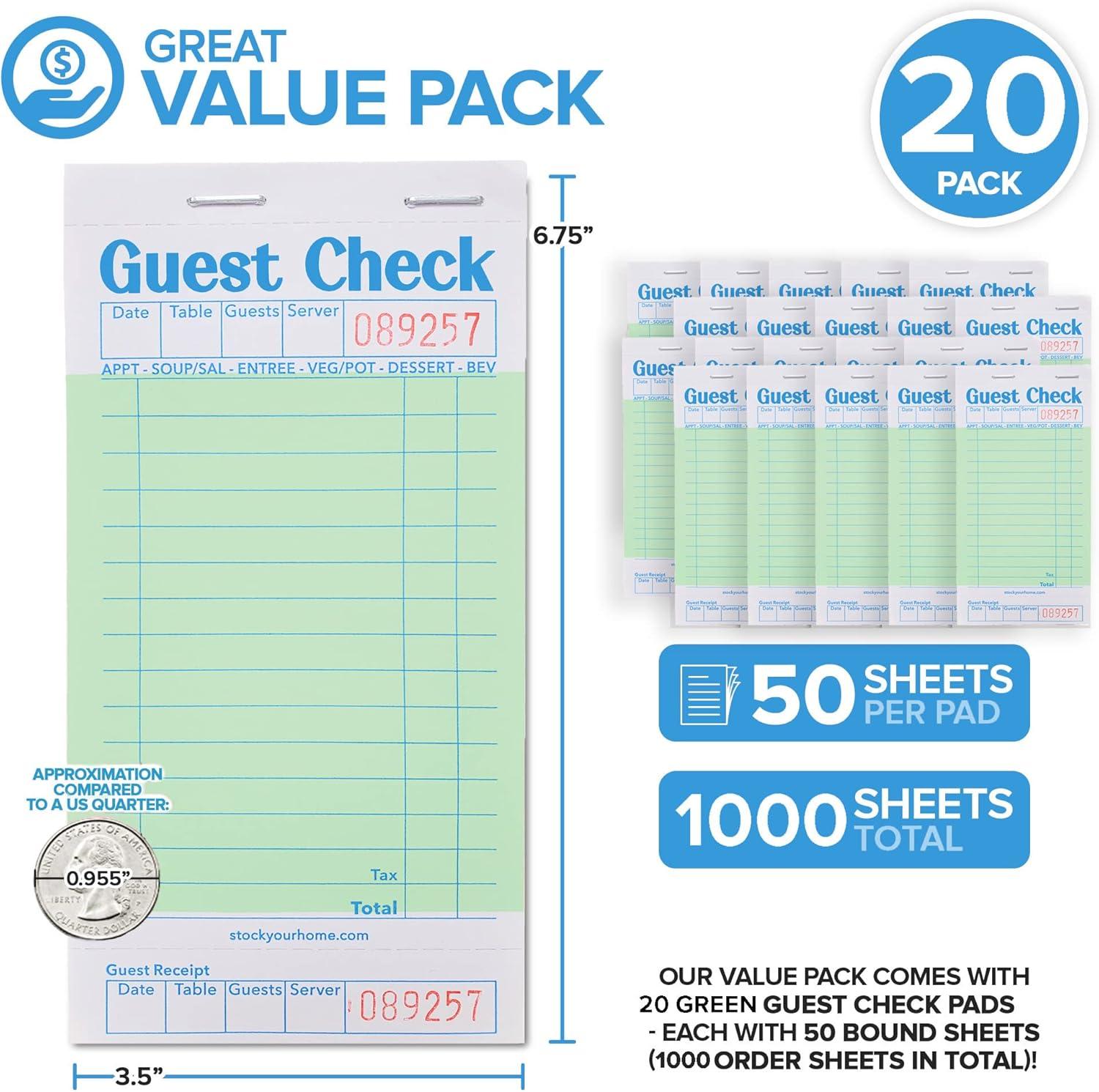 imageStock Your Home Pink Guest Check Books for Servers 20 Pack Server Note Pads Waiter Checkbook Food Receipt Book Restaurant Order Pad Paper Checks Waitress Accessories 1000 Total TicketsGreen