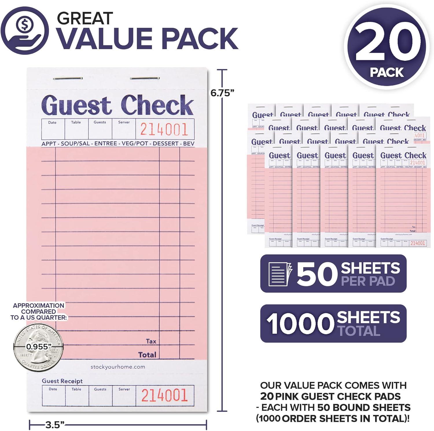 imageStock Your Home Pink Guest Check Books for Servers 20 Pack Server Note Pads Waiter Checkbook Food Receipt Book Restaurant Order Pad Paper Checks Waitress Accessories 1000 Total TicketsPink