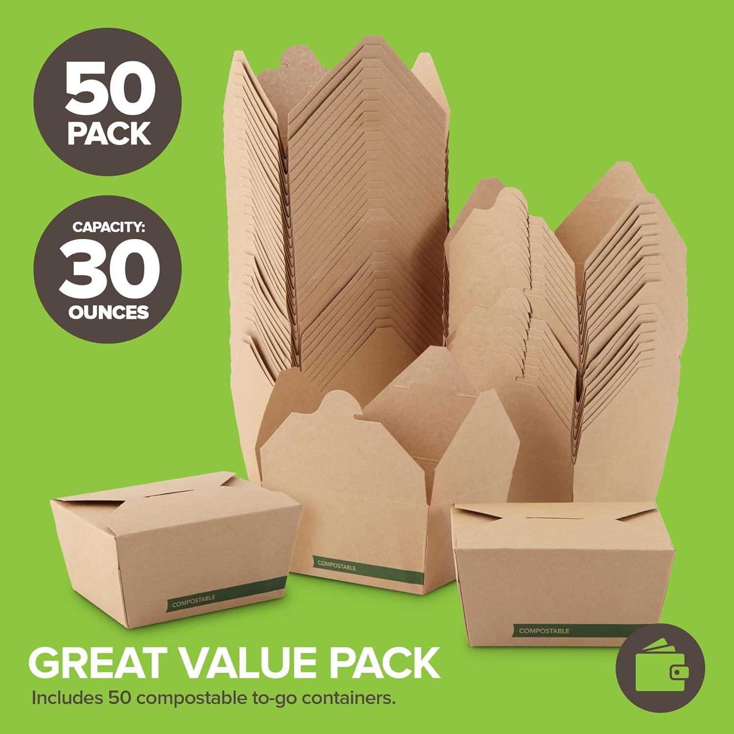imageStock Your Home Set of 50 30oz Commercially Compostable Food Take Out Containers Disposable Small Microwaveable Paper To Go Boxes Grease Resistant Natural Kraft Cardboard Lunch Box TakeoutFifty Pack 30oz