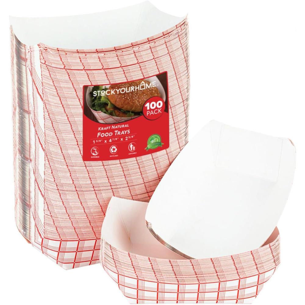 image100Pack 3 lb Paper Food Trays Red amp White Checkered Disposable Paper Food Boats EcoFriendly Serving Trays for Concessions Nachos Snacks amp Condiments 575 x 31 lb