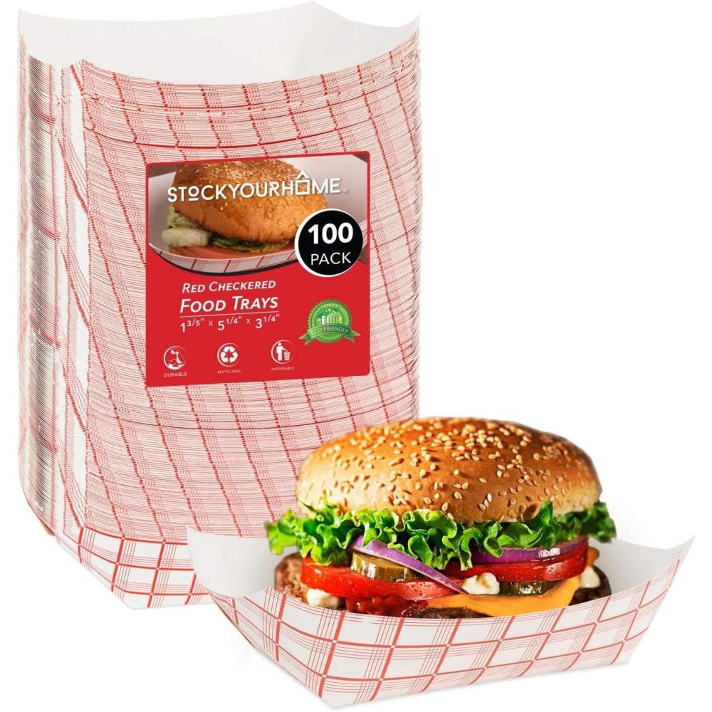 image100Pack 3 lb Paper Food Trays  Red amp White Checkered Disposable Paper Food Boats EcoFriendly Serving Trays for Concessions Nachos Snacks amp Condiments  575 x 33 lb
