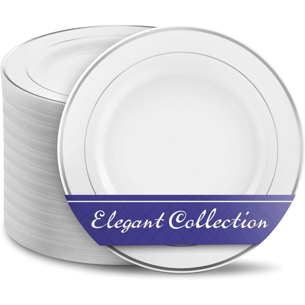 image1025 White and Silver Plastic Dinner Plates 100 Pack Elegant Heavy Duty Disposable Set for 100 Guests Wedding Thanksgiving ChristmasSilver