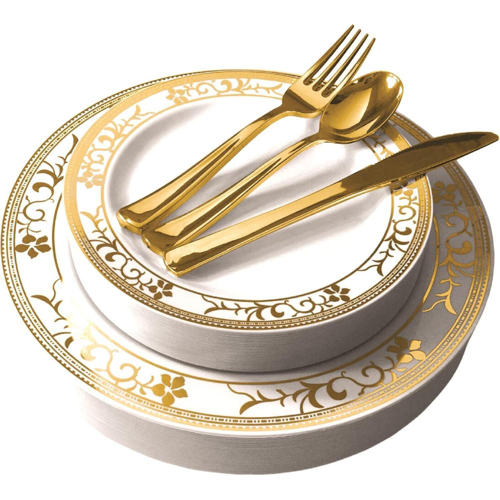 image125Piece White Blue and Gold Fancy Plastic Plates Disposable with Silverware Elegant Dinnerware for Weddings Holiday Party China Set of 25 Dinner Salad Plates 25 Spoons 25 Forks 25 KnivesGold Floral