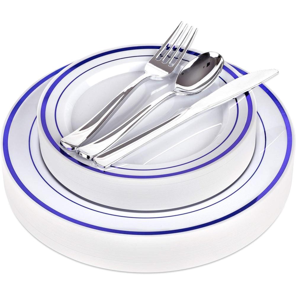 image125Piece White Blue and Gold Fancy Plastic Plates Disposable with Silverware Elegant Dinnerware for Weddings Holiday Party China Set of 25 Dinner Salad Plates 25 Spoons 25 Forks 25 KnivesBlue Rim