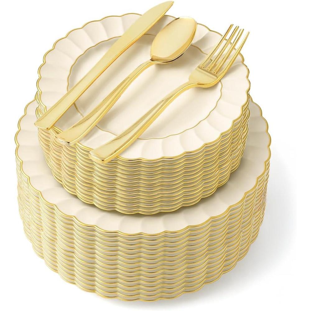 image125Piece White Blue and Gold Fancy Plastic Plates Disposable with Silverware Elegant Dinnerware for Weddings Holiday Party China Set of 25 Dinner Salad Plates 25 Spoons 25 Forks 25 KnivesGold Scalloped