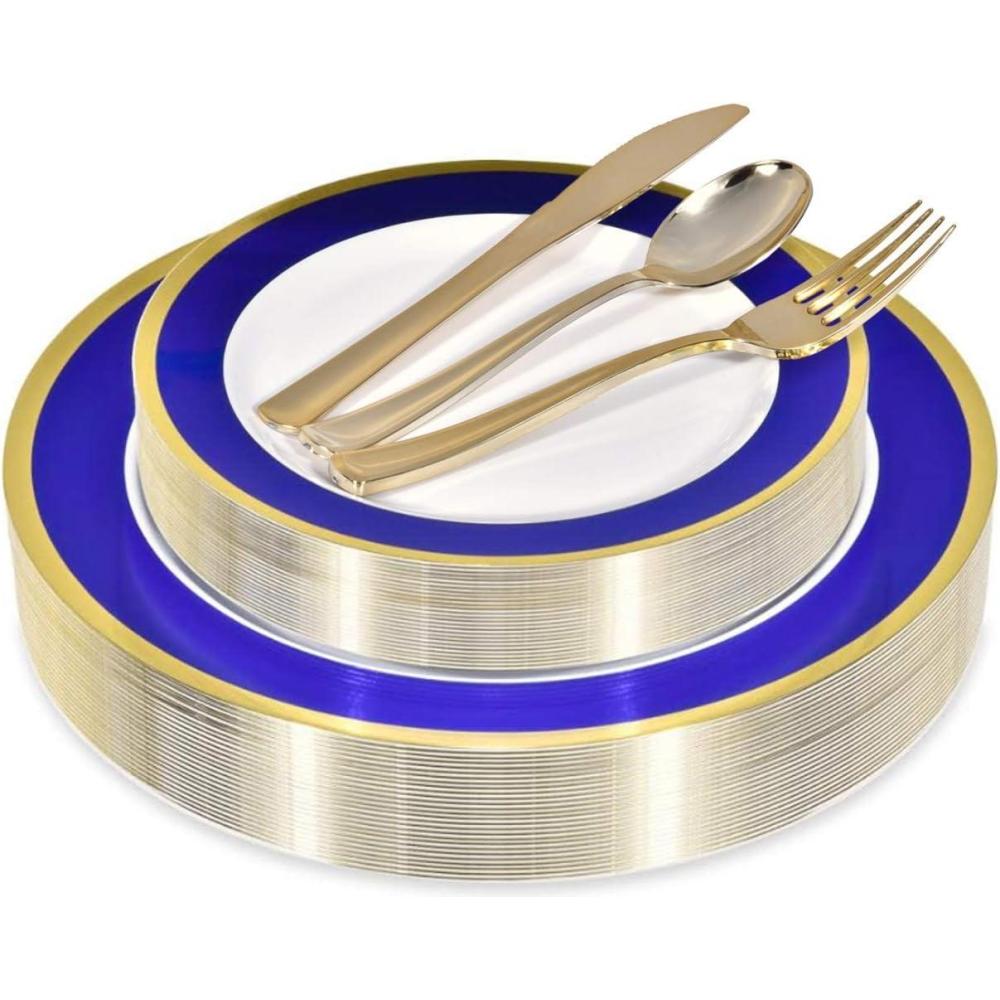 image125Piece White Blue and Gold Fancy Plastic Plates Disposable with Silverware Elegant Dinnerware for Weddings Holiday Party China Set of 25 Dinner Salad Plates 25 Spoons 25 Forks 25 KnivesBlue Gold Rim