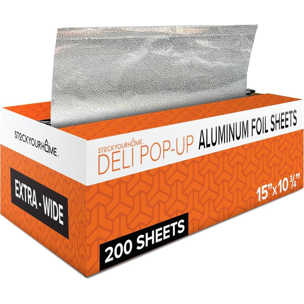 image200 Count PreCut Deli Aluminum Foil 9 Pop Up Sheets for Restaurant Disposable Food Covers for Burrito Hot Dog or Sandwich Stock Your Home Silver15 Inch