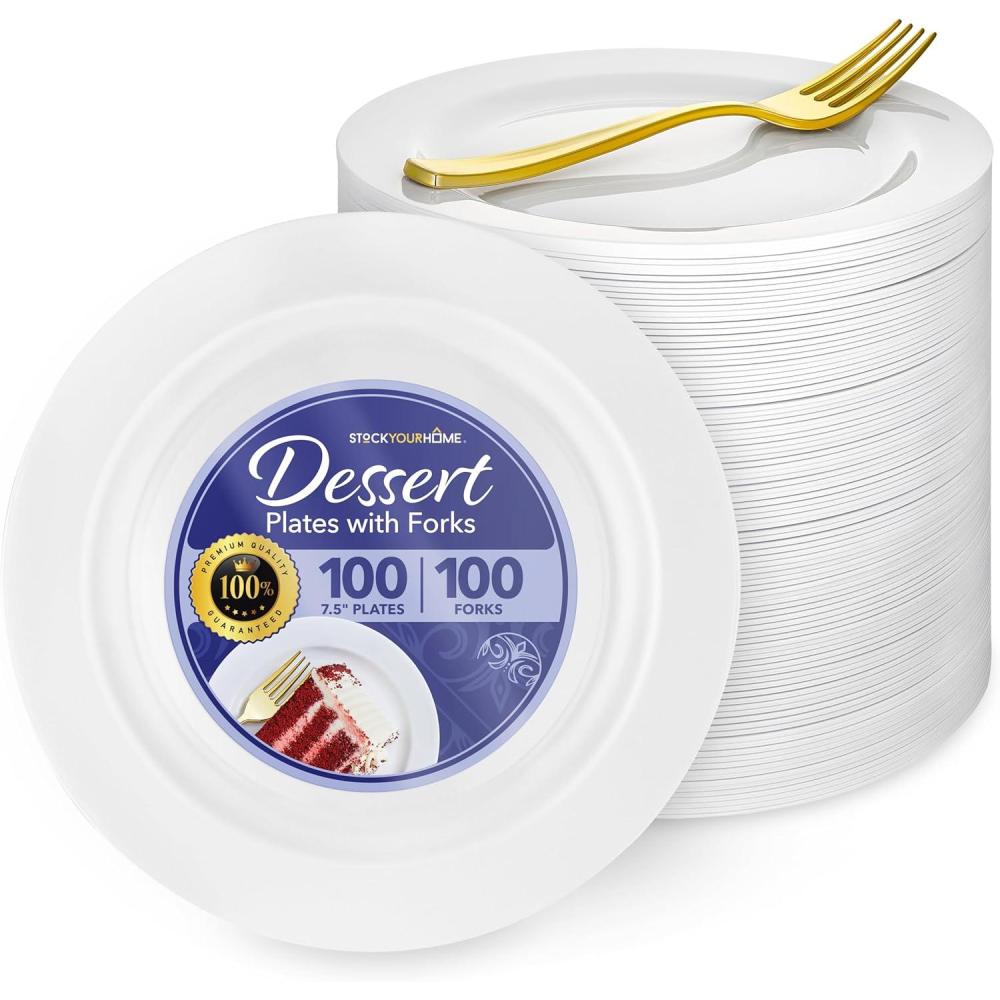 image200 Pcs White Plastic Dessert Plates for Weddings and Gold Plastic Forks 75 Wedding Cake Plates and Forks Elegant Salad Appetizer Plates Disposable for Party Thanksgiving Reception
