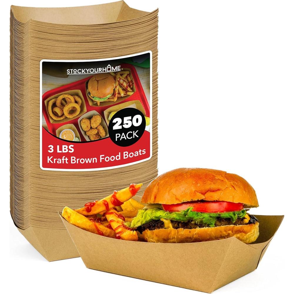 image250 Pack Mini Disposable Brown Kraft Paper Food Trays 025Lb Concession Tray Serving Boats for Party Snacks Taco Bar Seafood Nachos Plates QuarterPound3Lb
