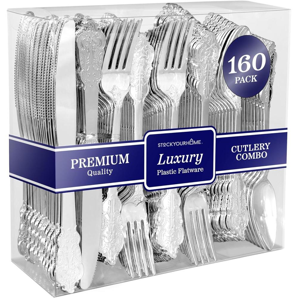 image300 Pcs Silver Plastic Silverware Set 100 Forks 100 Spoons 100 Knives Heavy Duty Disposable Utensils Elegant Flatware for Dinner Party WeddingSilver