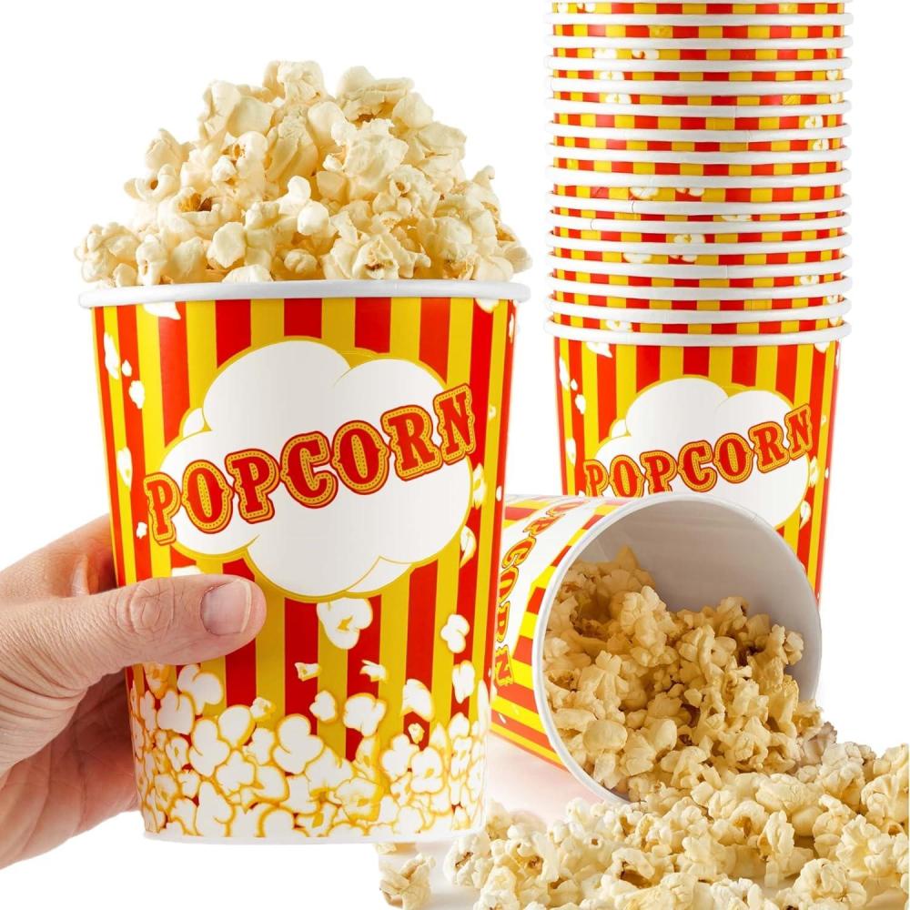image64 Oz Popcorn Buckets Disposable Containers 25 Count Large Cups Cardboard Bucket for Family Movie Night Popcorn Tub Vintage Bowls for Concession Stand Carnival Supplies25