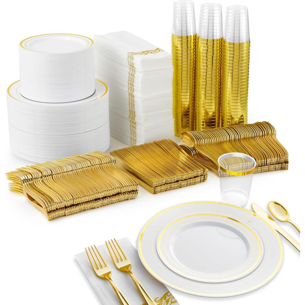 image700 Piece Dinnerware Set for 100 Guests 200 GoldRim Plates 100 Silverware Sets 100 Cups 100 Napkins  Bulk Disposable Party Supplies for Weddings and Events