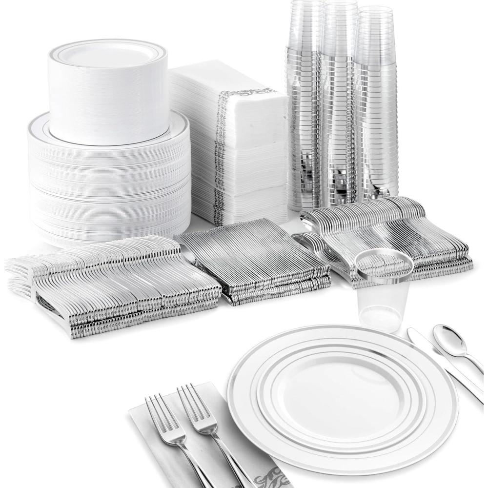 image700 Piece Silver Dinnerware Set 200 SilverRim Plastic Plates 100 Silver Silverware 100 Plastic Cups 100 ClothLike Napkins Bulk Wedding Plates Disposable Set 100 Guests
