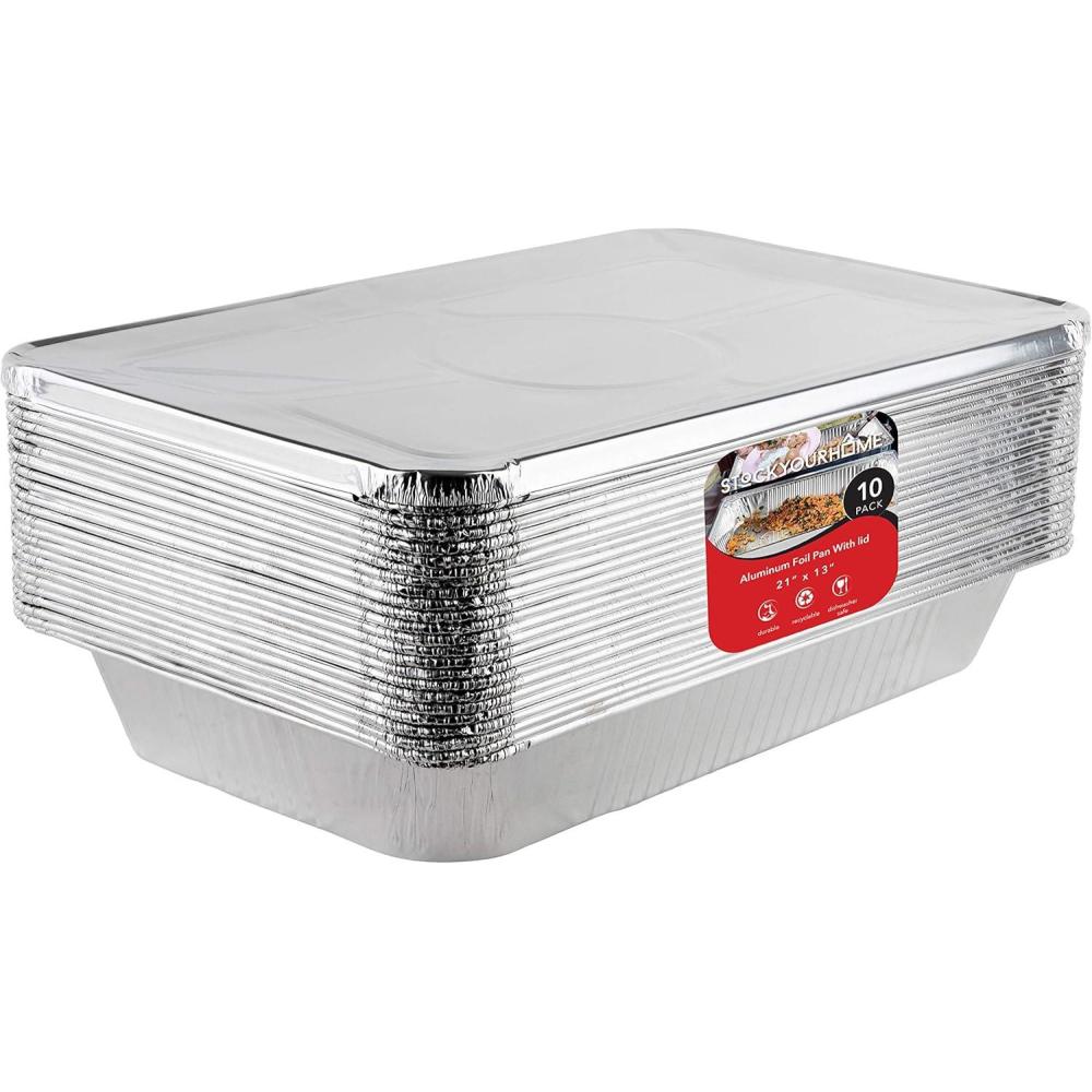 imageAluminum Pans with Lids 21x13 Disposable Roasting Pans with Covers 10 Foil Pans and 10 Foil Lids Sturdy Catering Pans Disposable Food Containers Great for Prepping Large Slabs of Meat