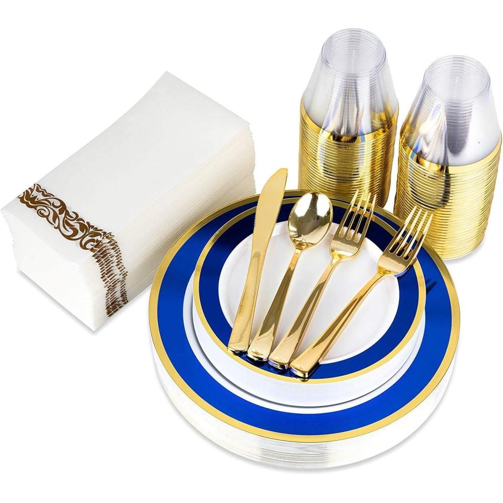 imageBlue and Gold Rim Plastic Dinnerware 200Piece Plastic Plates Cutlery Cups and Napkins Service for 25 Guests Place Setting for Wedding Party Shower Birthday Holiday200Piece