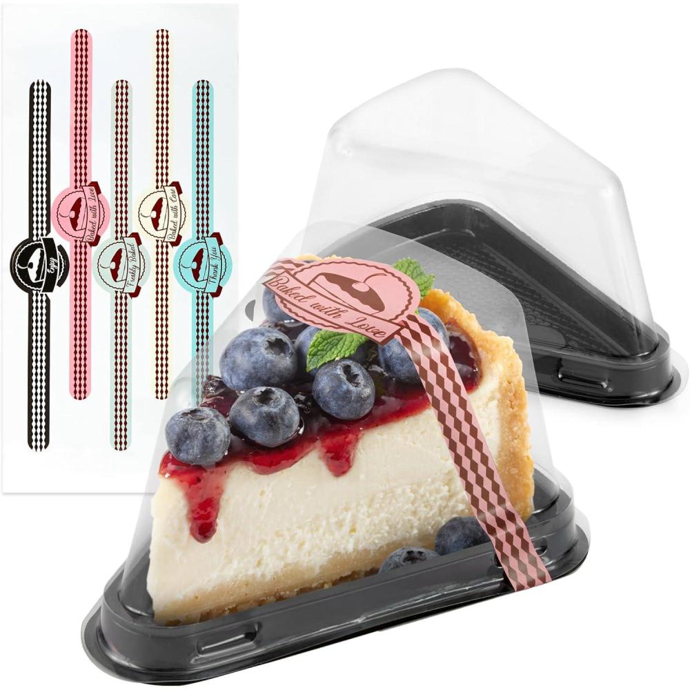 imageCake Slice Containers Plastic Disposable Cheesecake Boxes Pie Container with Lid for Individual Slices of Cakes Disposable Triangular Pie Box Reusable Complimentary Stickers 50 Pack