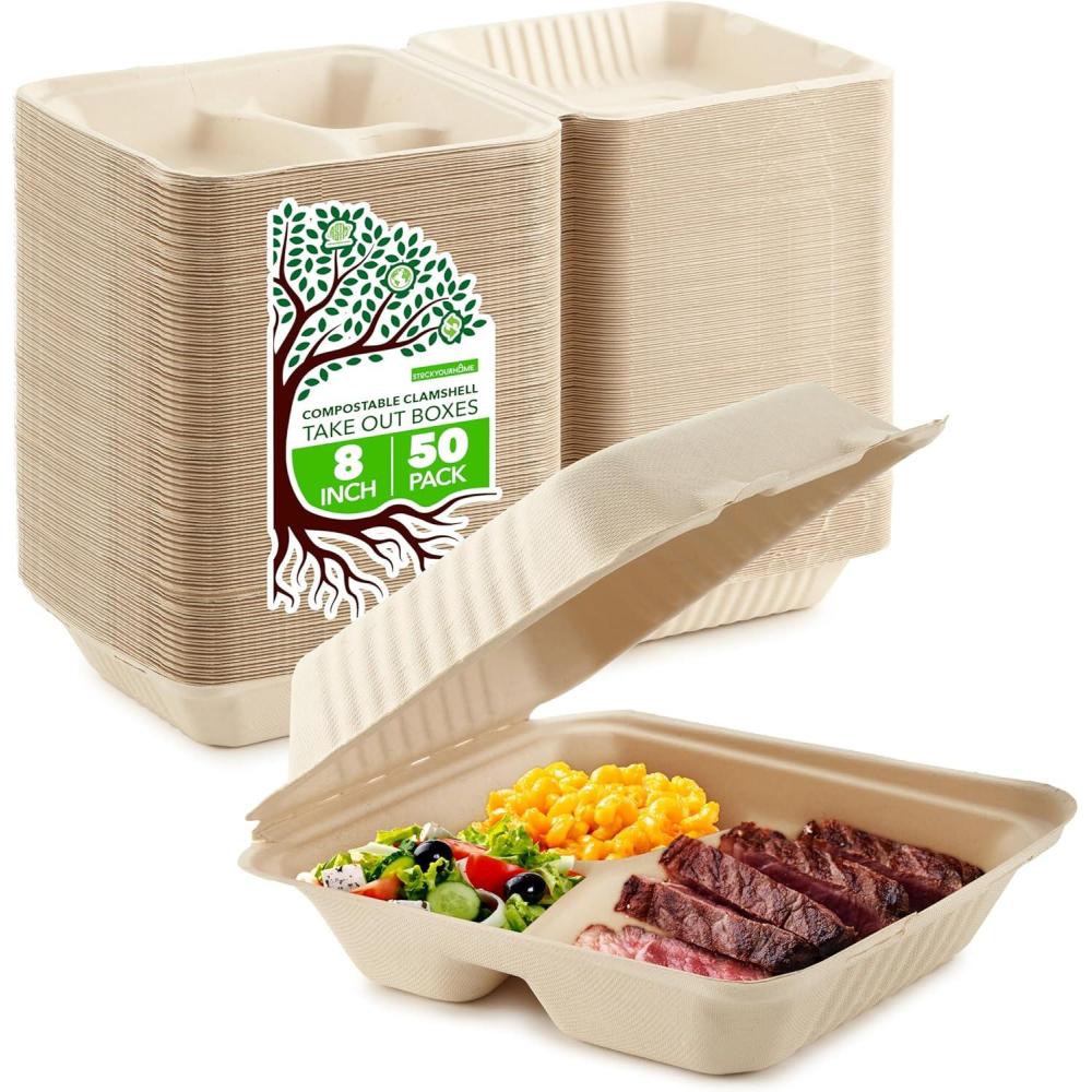 imageClamshell Take Out Food Containers 8 x 8 50 Pack 3Compartment Disposable To Go Container Togo Boxes With Lids Trays for Lunch Dinner MealPrep Eco Friendly Compostable Biodegradable8 x 8 3Compartment