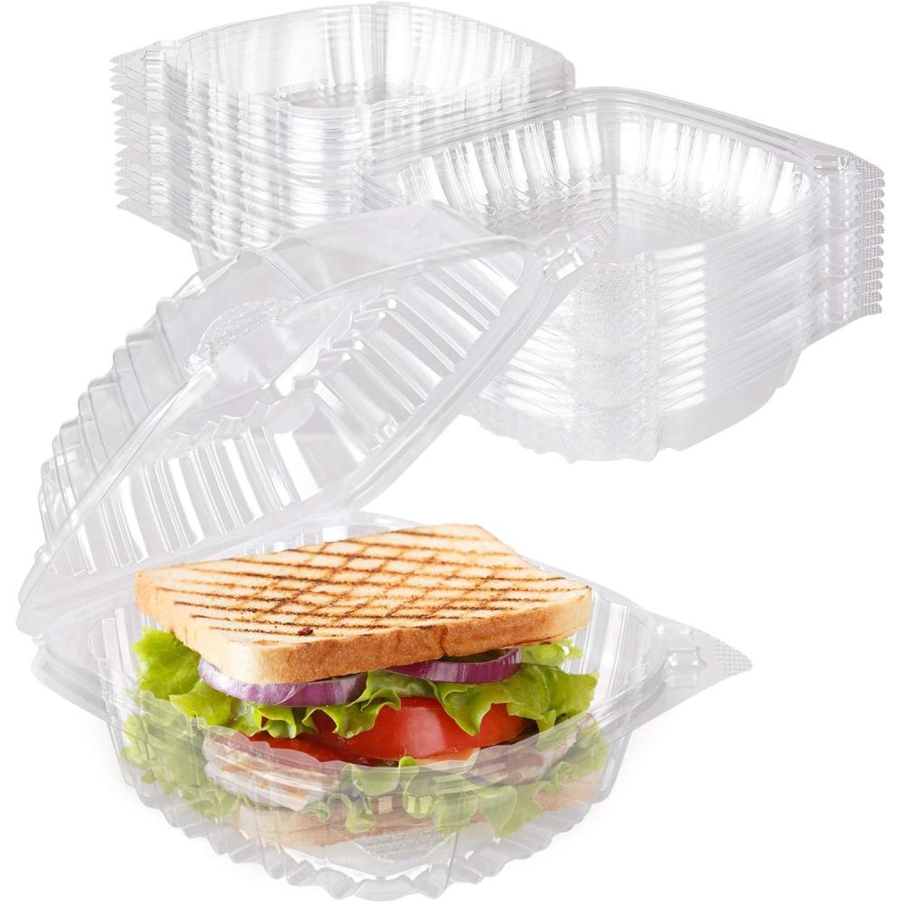 imageDisposable Plastic To Go Containers with Clear Lids 50 Pack Fancy Hinged Top Square Clamshell Food Boxes for Take Out Home Party Togo Clam Shell Box to Carry Cake Dessert Small Sandwich5 x 5 50 Count