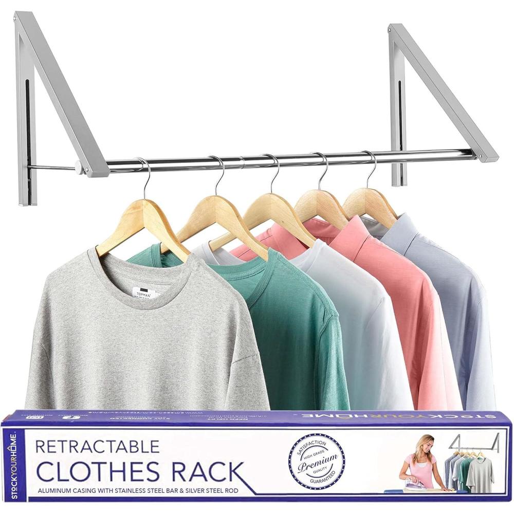 imageDouble Foldable Clothing Rack w Extension Rod WallMounted Retractable Clothes Hanger for Laundry Dryer Room Hanging Drying Rod Small Collapsible Folding Garment Racks Dorm Accessories GrayChrome