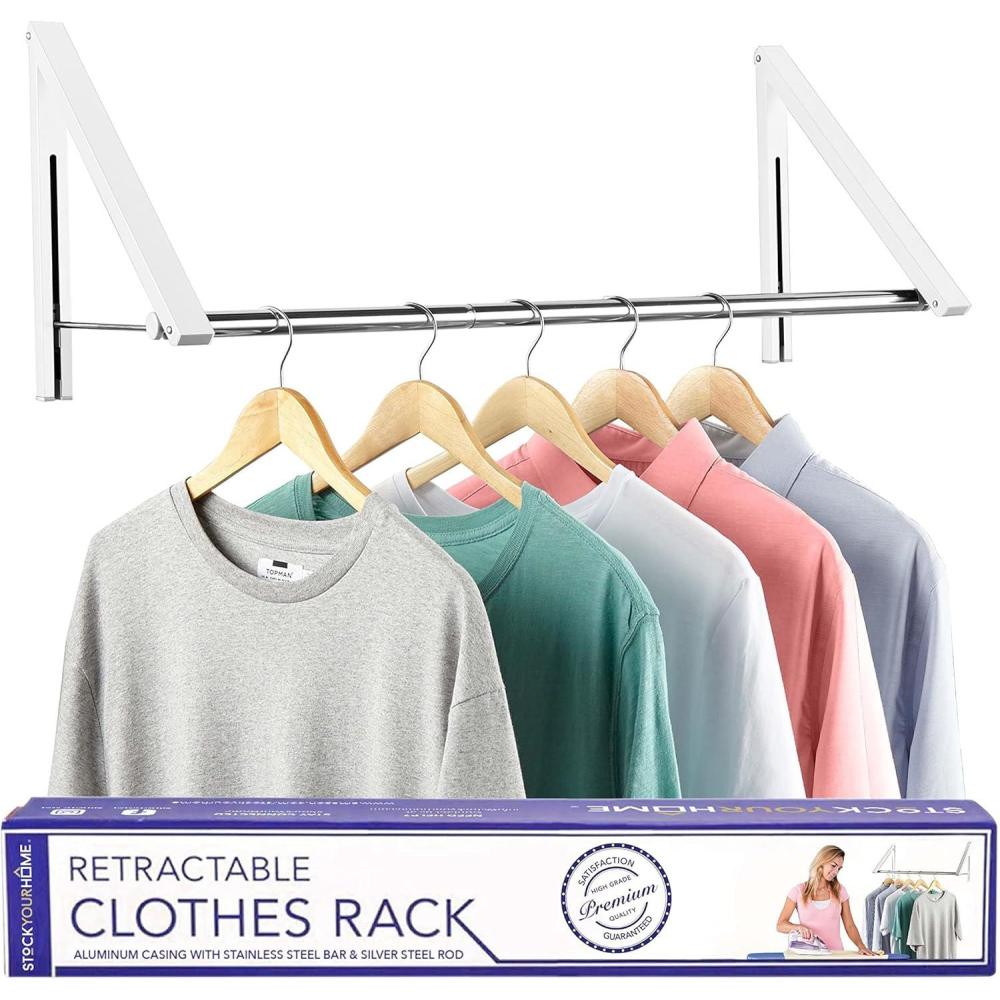 imageDouble Foldable Clothing Rack w Extension Rod WallMounted Retractable Clothes Hanger for Laundry Dryer Room Hanging Drying Rod Small Collapsible Folding Garment Racks Dorm Accessories GrayWhite