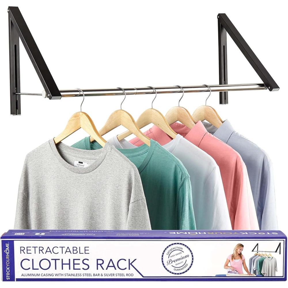 imageDouble Foldable Clothing Rack w Extension Rod WallMounted Retractable Clothes Hanger for Laundry Dryer Room Hanging Drying Rod Small Collapsible Folding Garment Racks Dorm Accessories GrayBlack
