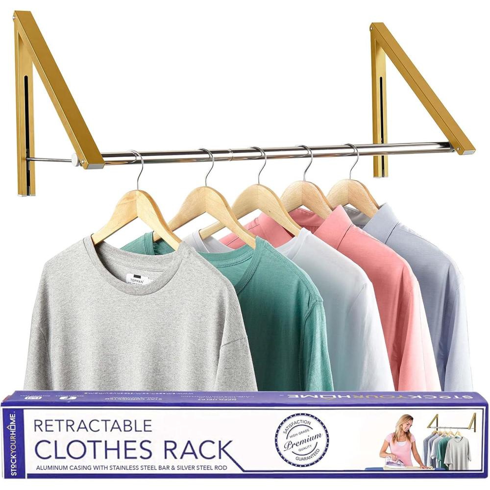 imageDouble Foldable Clothing Rack w Extension Rod WallMounted Retractable Clothes Hanger for Laundry Dryer Room Hanging Drying Rod Small Collapsible Folding Garment Racks Dorm Accessories GrayGold