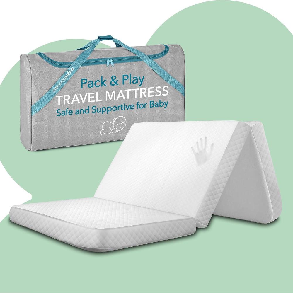 imageFoldable Travel Pack n Play Mattress Pad with Bag Waterproof Portable Mini Crib Mattresses Baby Bed Playpen Memory Foam Topper Playard Pen Accessories Traveling Case IncludedFoldable