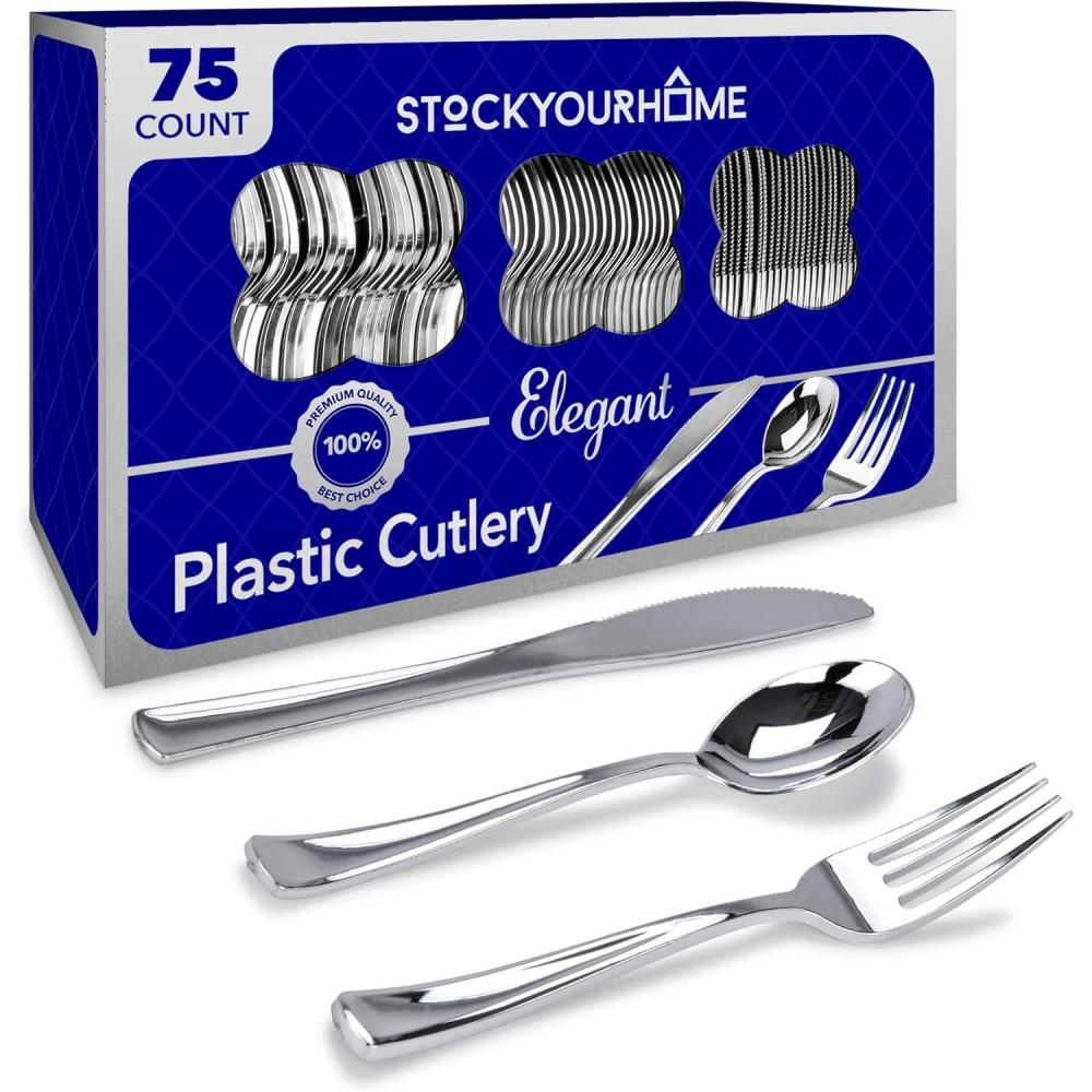 imageGold Plastic Silverware Set 160 Bulk Pack Disposable Cutlery Utensils 80 Gold Forks 40 Gold Knives 40 Gold Spoons Heavy Duty Flatware For Holidays Parties Dinners Weddings and OccasionsSilver
