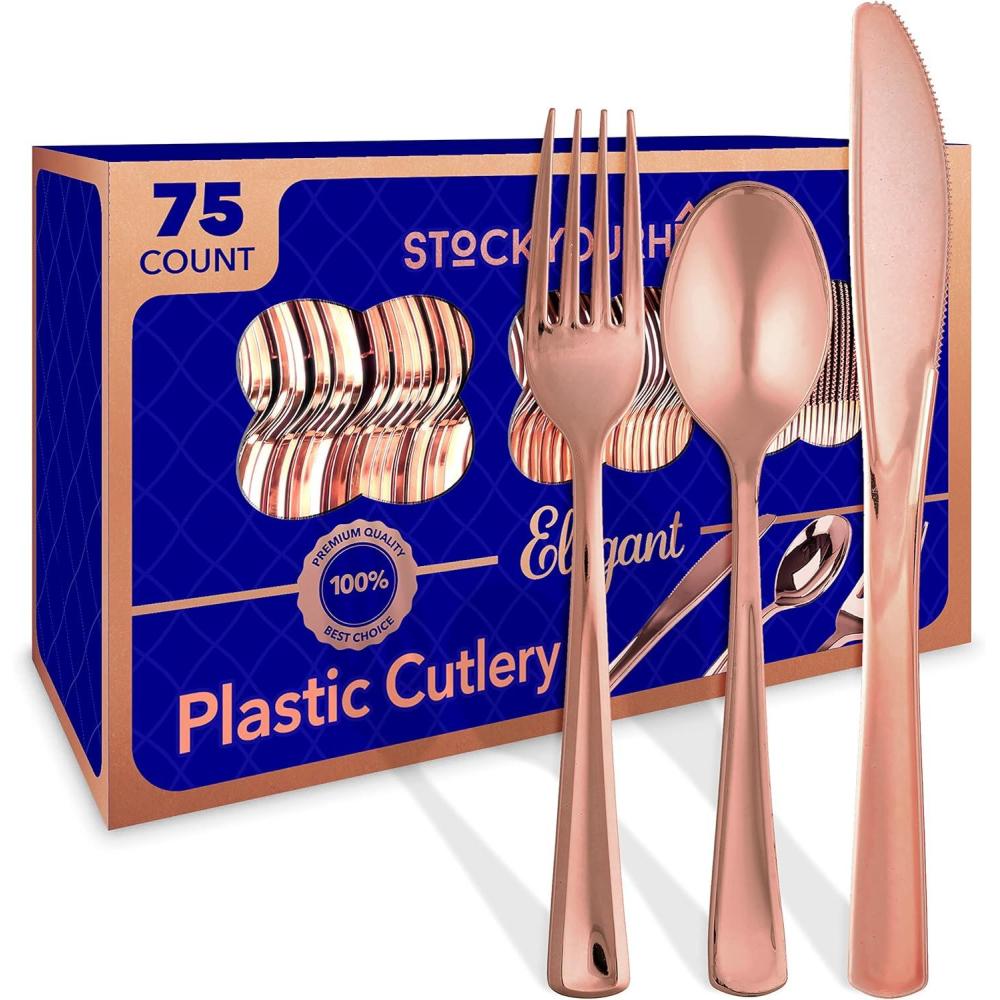 imageGold Plastic Silverware Set 160 Bulk Pack Disposable Cutlery Utensils 80 Gold Forks 40 Gold Knives 40 Gold Spoons Heavy Duty Flatware For Holidays Parties Dinners Weddings and OccasionsRose Gold