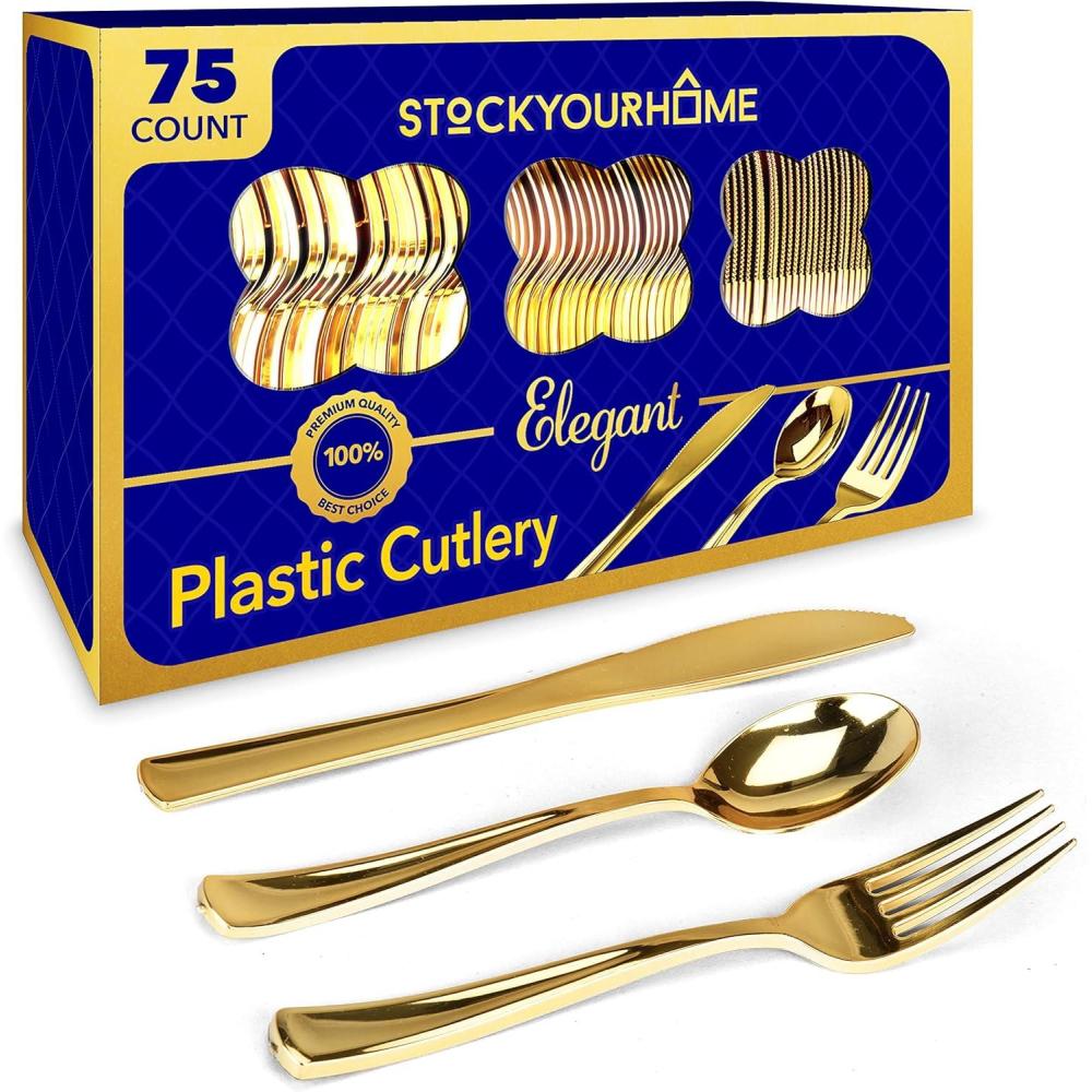 imageGold Plastic Silverware Set 160 Bulk Pack Disposable Cutlery Utensils 80 Gold Forks 40 Gold Knives 40 Gold Spoons Heavy Duty Flatware For Holidays Parties Dinners Weddings and OccasionsGold