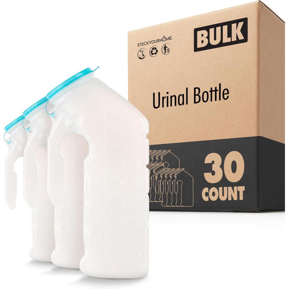 imageMale Urinal with Glow in The Dark Lid 2 Bottles 32 Oz Urine Bottles for Men Pee Bottles for Hospitals Emergency and TravelMale Urinal 30 Pack