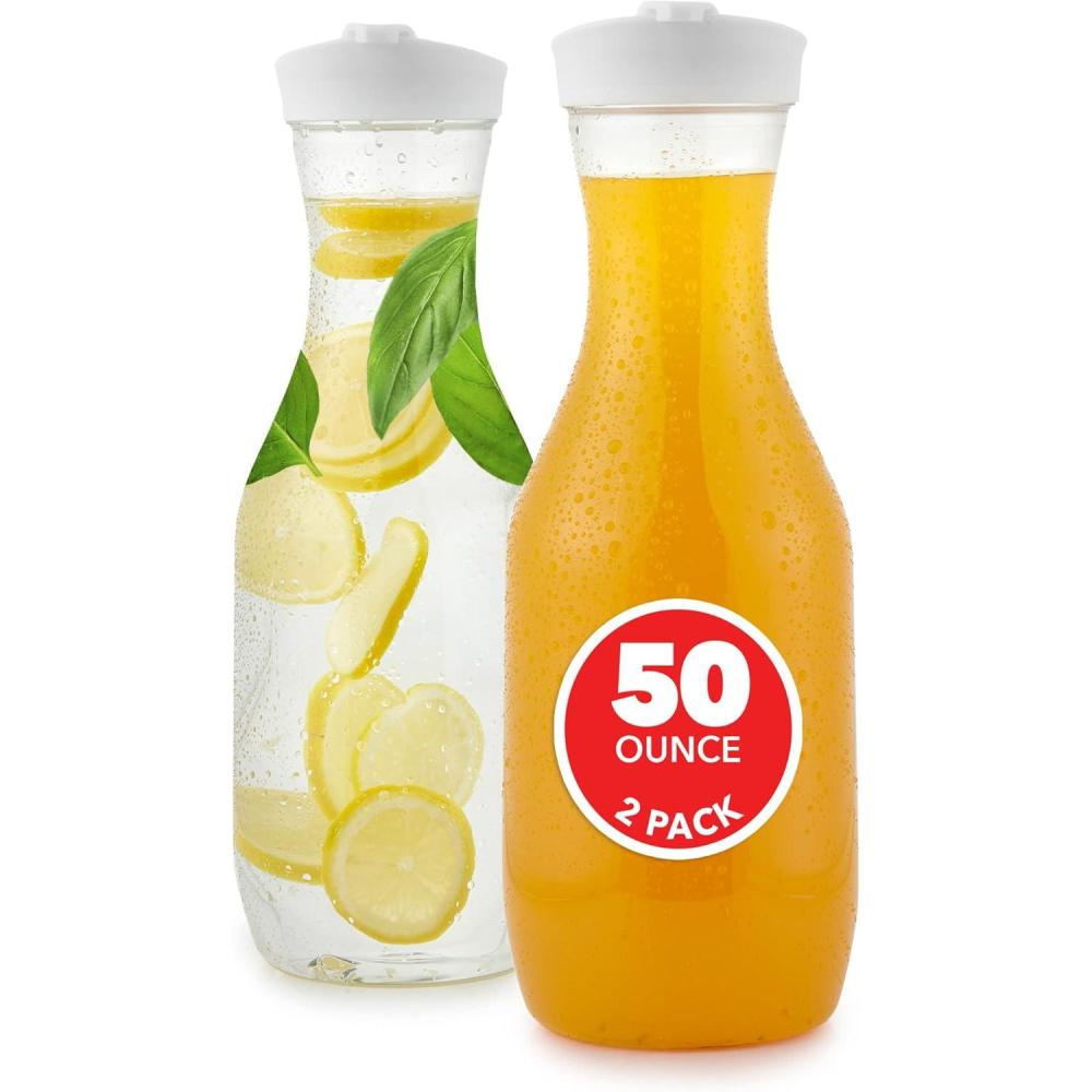imagePlastic Juice Carafe with Lids Set of 2 50 oz Carafes for Mimosa Bar Drink Pitcher with Lid Water Bottle Milk Container Clear Beverage Containers for Fridge Pantry Storage Round Pitchers2