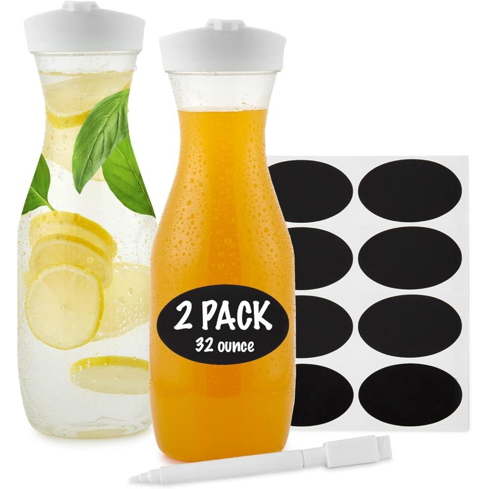 imagePlastic Juice Carafe with Lids Set of 4 32 oz Carafes for Mimosa Bar Drink Pitcher with Lid Water Bottle Milk Container Clear Beverage Containers for Fridge Pantry Storage Round Pitchers2