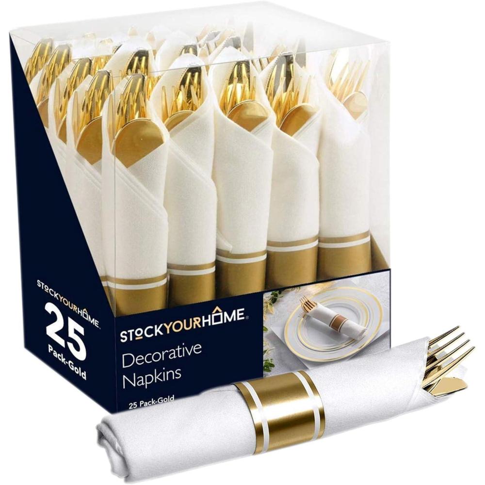 imagePre Rolled Plastic Silverware Sets for Parties 50 Pack Gold Cutlery Set Disposable Spoons Forks Knives Napkins Prewrapped Heavy Duty Utensils Individually Wrapped for Wedding ThanksgivingGold