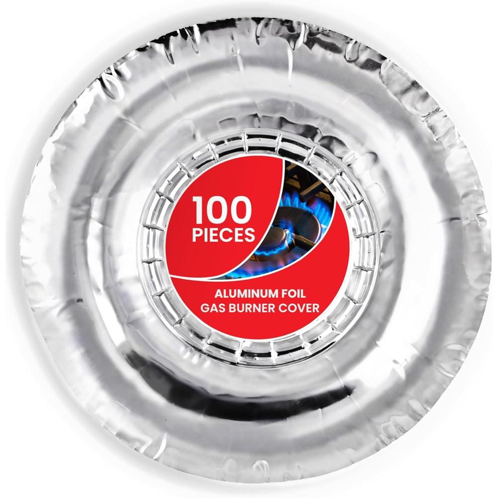 imageRound Disposable Gas Burner Liners 100 Pack Aluminum Foil Burner Covers for Gas Stove 75 Inch Stove Liners for Gas Burners Foil Liners to Catch Oil Grease and Food Spills Stock Your Home100