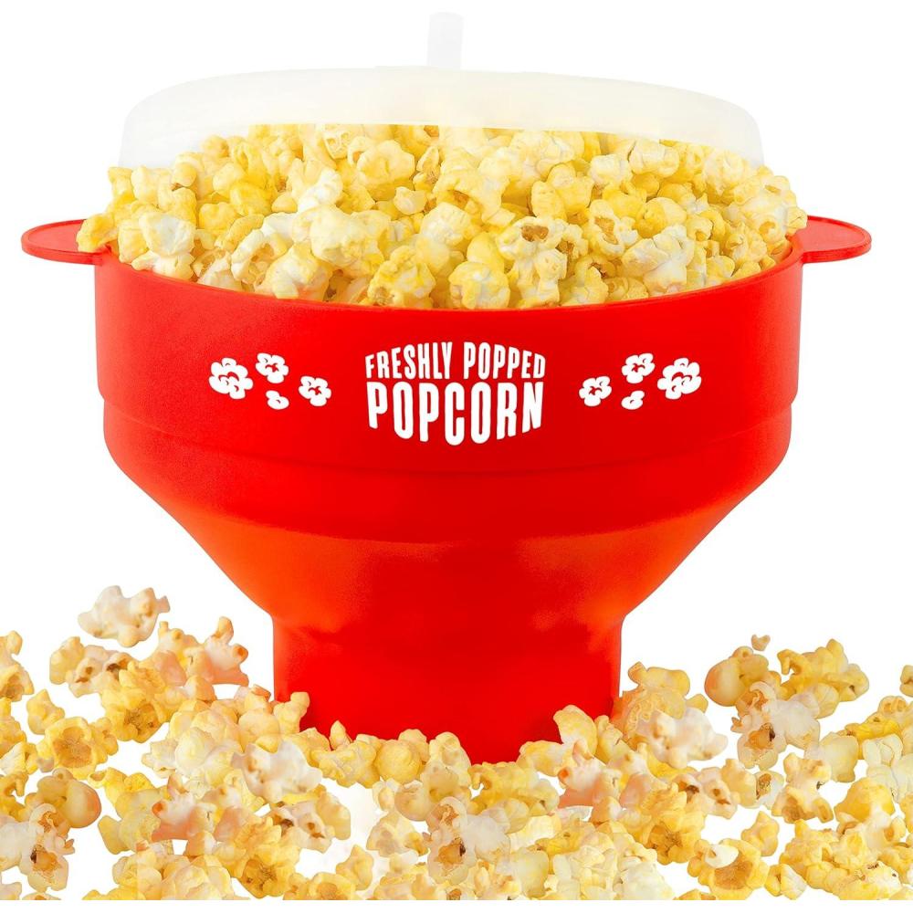imageSilicone Microwave Popcorn Popper Red Air Popper Popcorn Maker No Oil Required Collapsible PopCorn bowl with Lid Reusable BPAFree Dishwasher SafeRed