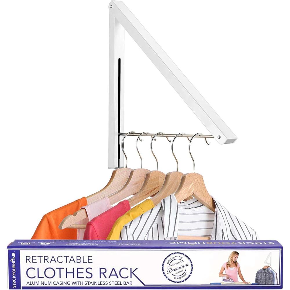 imageSingle Foldable Clothing Rack WallMounted Retractable Clothes Hanger for Laundry Dryer Room Hanging Drying Rod Small Collapsible Folding Garment Racks Dorm Accessories WhiteWhite