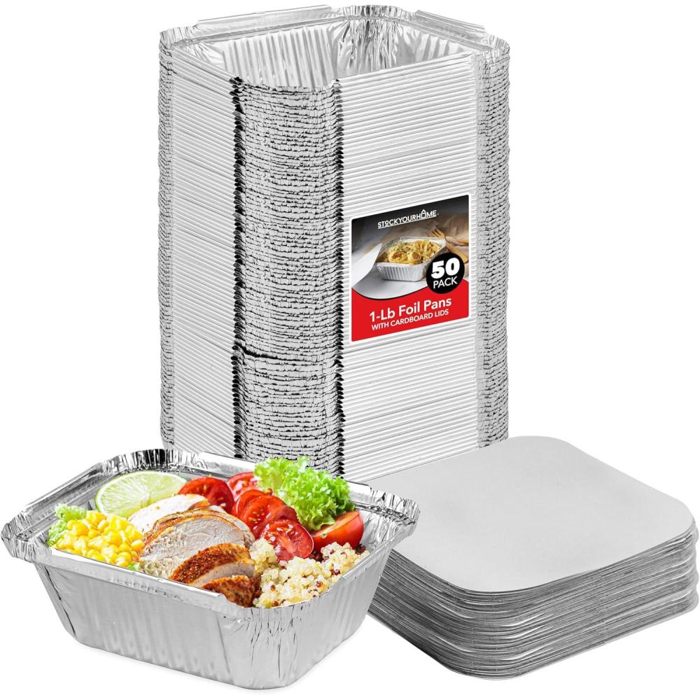 imageStock Your Home 1 Lb Small Aluminum Pans with Lids 25 Pack Foil Pans Clear Plastic Lids Disposable Cookware Takeout Trays with Lids To Go Disposable Food Containers for Restaurants amp Catering50