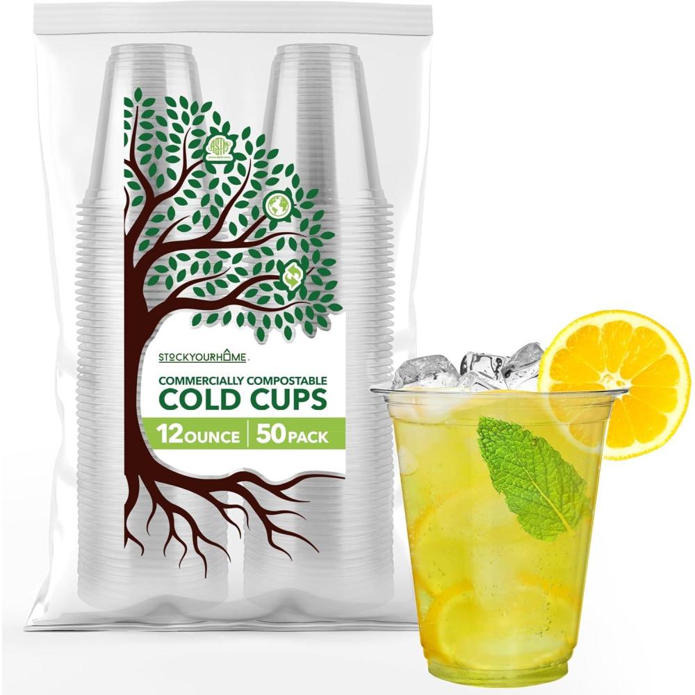 imageStock Your Home 12 oz Clear Commercially Compostable Cold Cups 100 Pack Eco Party Cup Environmentally Friendly Disposable Sustainable for Water Wine Beer Sample50