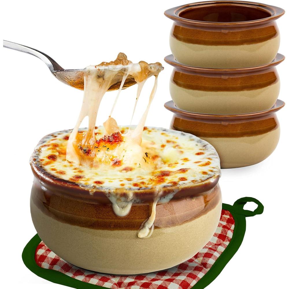 imageStock Your Home 12 oz French Onion Soup Crock 4 Pack TwoToned Brown amp Ivory Porcelain Soup Bowls Oven Safe Soup Bowls Microwave and Dishwasher Safe Soup CrocksBrown Two Tone